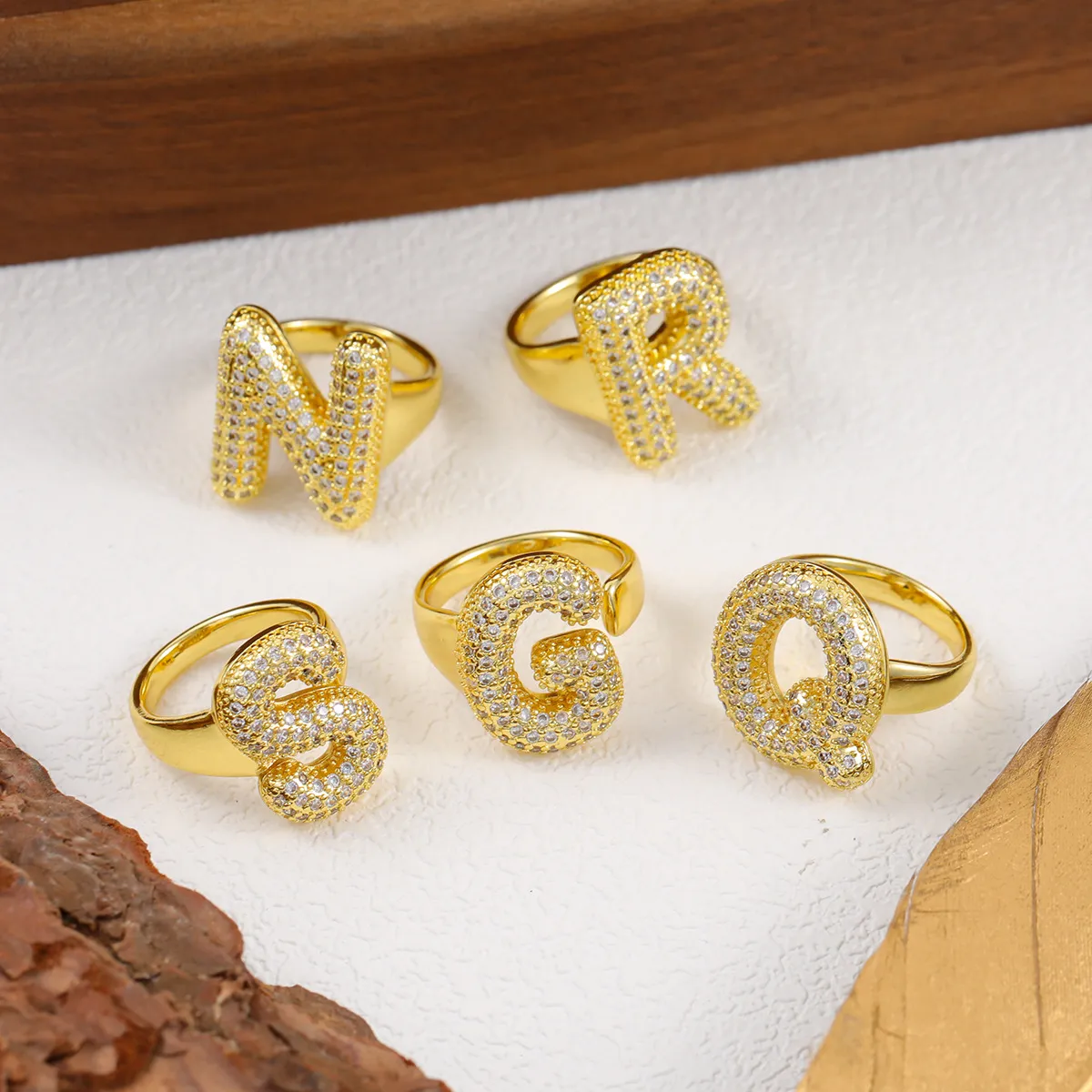Women Fashion 26 Alphabet Gold Plated Copper Zircon Ring
