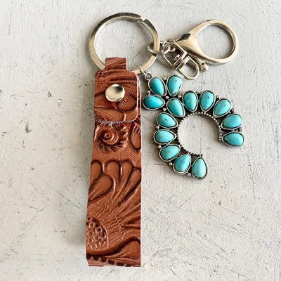 Women Retro Western Embossed Cowhide Keychain Pendant