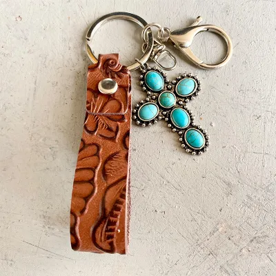 Women Retro Western Embossed Cowhide Keychain Pendant