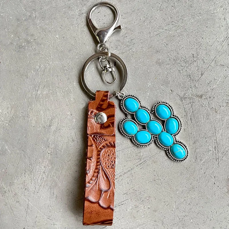 Women Retro Western Embossed Cowhide Keychain Pendant
