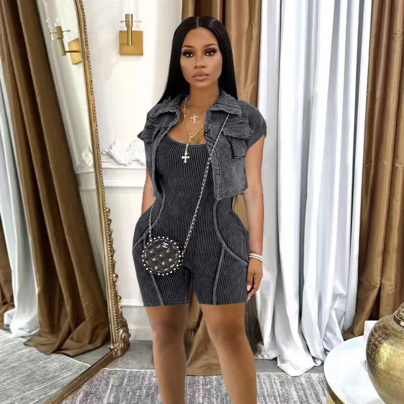 Women Fashion Solid Color Stripe Sleeveless Rompers Lapel Short-Sleeve Jacket Two-Piece Set