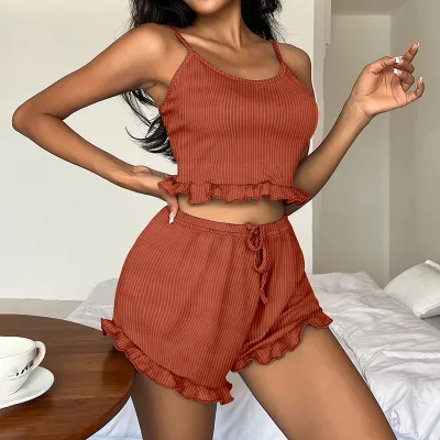 Women Sexy Solid Color Strip Ruffled Backless Camisole Drawstring Shorts Pajamas Two-Piece Set