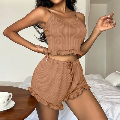 Women Sexy Solid Color Strip Ruffled Backless Camisole Drawstring Shorts Pajamas Two-Piece Set