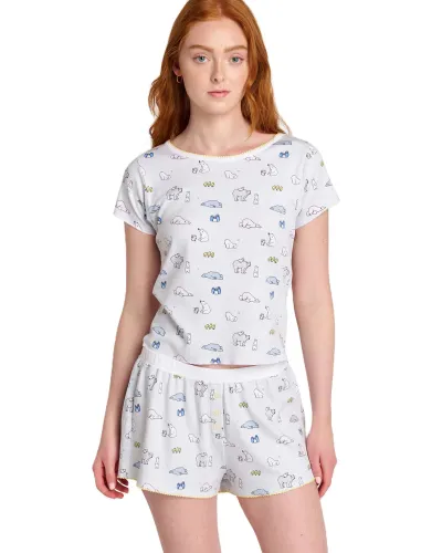Women's Printed T-Shirt and Shorts Pajama Set - Fresh Sweet Style, Polyester, Loose Fit