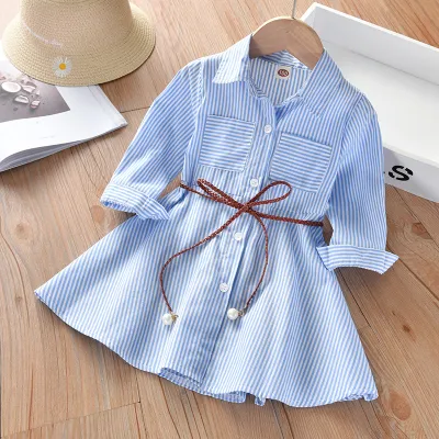Girls Fashion Casual Stripe Lapel Long-Sleeve Princess Dress Cotton 90%
