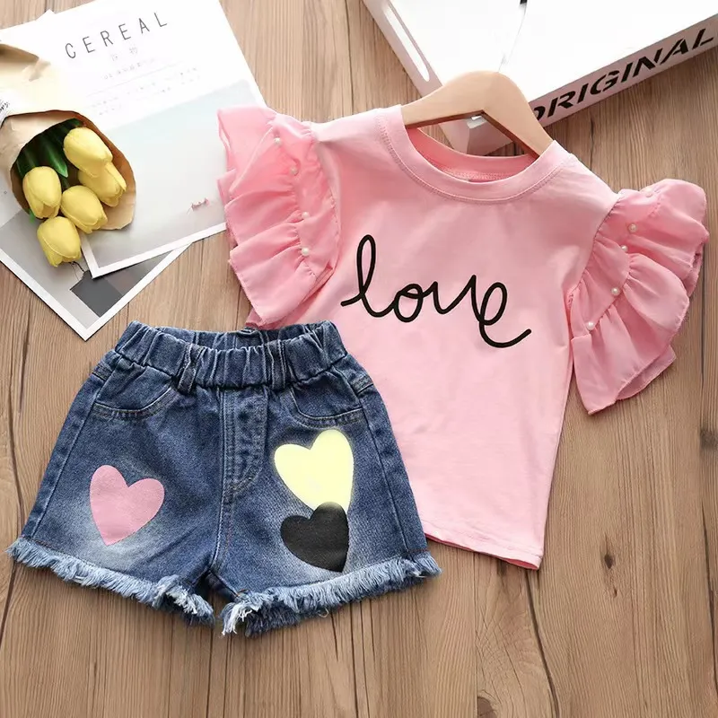 Girls Letter Printed Ruffled Short-Sleeve T-Shirt Denim Shorts Two-Piece Set