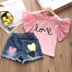 Girls Letter Printed Ruffled Short-Sleeve T-Shirt Denim Shorts Two-Piece Set