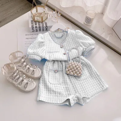 Girl Fashion Elegant Color Block Pleated Top High Waist Wide Leg Shorts Two-Piece Set