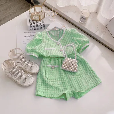 Girl Fashion Elegant Color Block Pleated Top High Waist Wide Leg Shorts Two-Piece Set