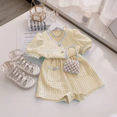Girl Fashion Elegant Color Block Pleated Top High Waist Wide Leg Shorts Two-Piece Set