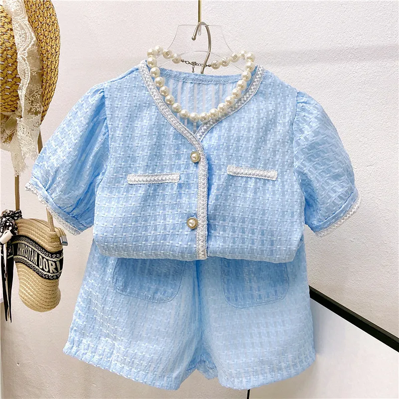 Girl Fashion Elegant Color Block Pleated Top High Waist Wide Leg Shorts Two-Piece Set
