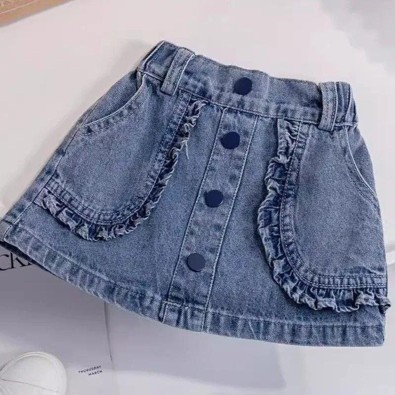 Girls Fashion Ruffled Denim Skirt Shorts Culottes Solid Color Cotton Mid-Waist