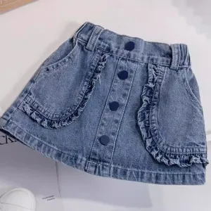 Girls Fashion Ruffled Denim Skirt Shorts Culottes Solid Color Cotton Mid-Waist