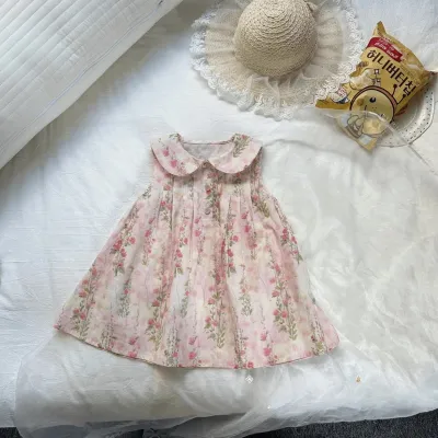 Girls Fashion Cute Floral Printed Bowknot Lapel Sleeveless Cheongsam Dress