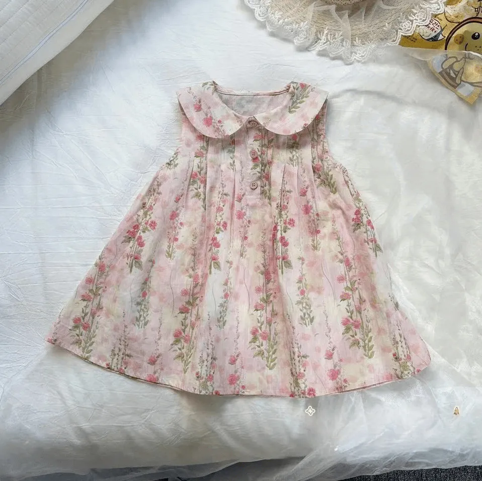 Girls Fashion Cute Floral Printed Bowknot Lapel Sleeveless Cheongsam Dress