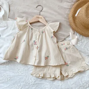 Girls Floral Printed Ruffled Sleeve Top and Loose Shorts Two-Piece Set