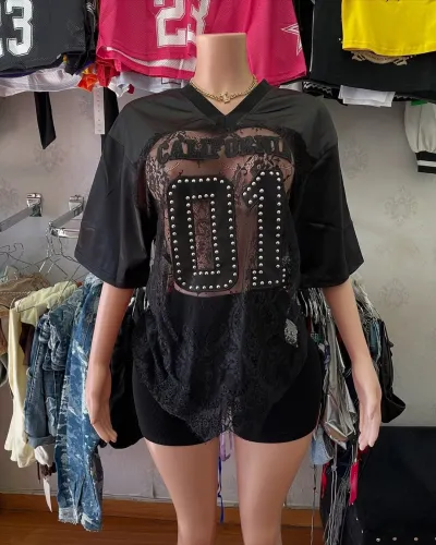 Sexy Women Casual V-Neck Short Sleeve See-Through Lace Jersey T-Shirt