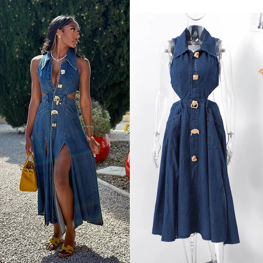 African Women Vintage Lapel Hollow Out High Waist Sleeveless Single-Breasted A-Line Slip Denim Dress