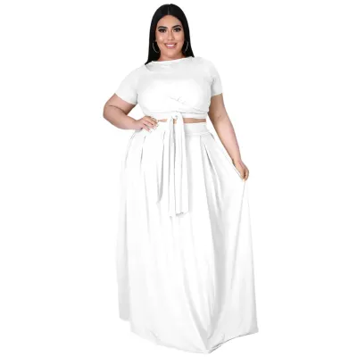 Women Casual Plus Size Solid Color Cross Strap Short-Sleeve Top Loose Skirt Two-Piece Set