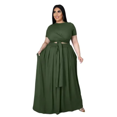 Women Casual Plus Size Solid Color Cross Strap Short-Sleeve Top Loose Skirt Two-Piece Set