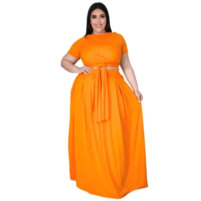 Women Casual Plus Size Solid Color Cross Strap Short-Sleeve Top Loose Skirt Two-Piece Set