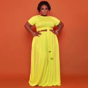 Women Casual Plus Size Solid Color Cross Strap Short-Sleeve Top Loose Skirt Two-Piece Set