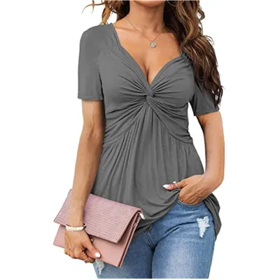 Women Casual Pleated V-Neck Short-Sleeve Blouse - Elegant Style