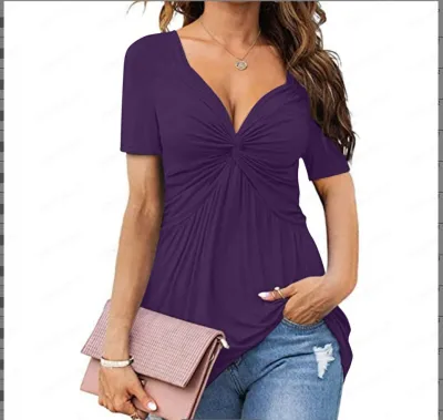 Women Casual Pleated V-Neck Short-Sleeve Blouse - Elegant Style