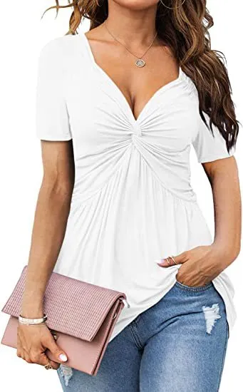 Women Casual Pleated V-Neck Short-Sleeve Blouse - Elegant Style