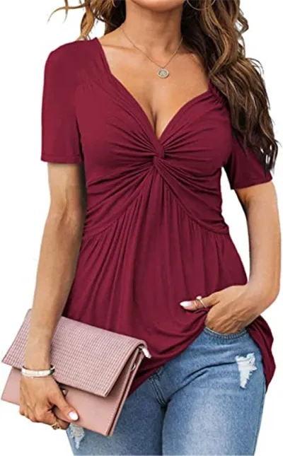 Women Casual Pleated V-Neck Short-Sleeve Blouse - Elegant Style
