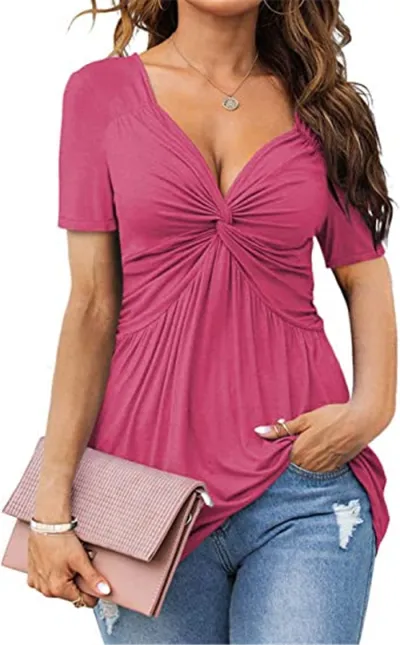 Women Casual Pleated V-Neck Short-Sleeve Blouse - Elegant Style