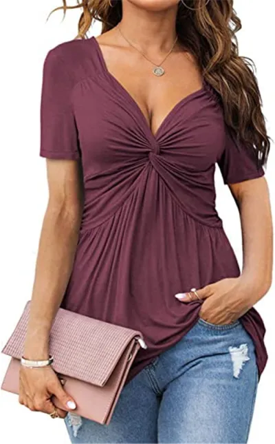 Women Casual Pleated V-Neck Short-Sleeve Blouse - Elegant Style