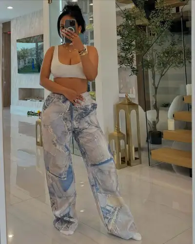 Women Fashion Casual Printed Elastic Drawstring Loose Wide Leg Pants