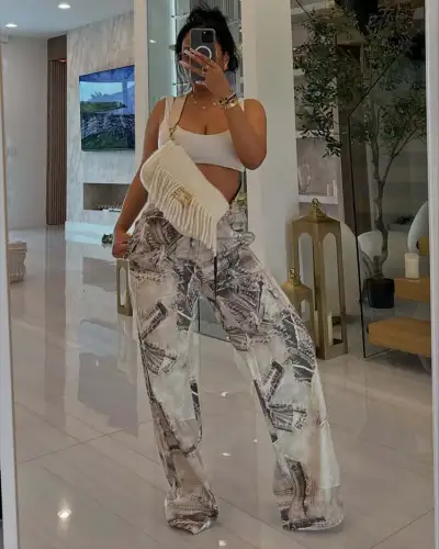 Women Fashion Casual Printed Elastic Drawstring Loose Wide Leg Pants