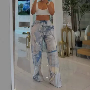 Women Fashion Casual Printed Elastic Drawstring Loose Wide Leg Pants