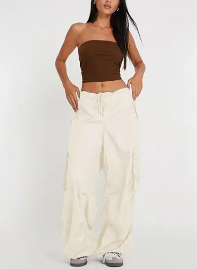 Women Casual Solid Color Loose Pocket Low Waist Drawstring Overalls Pants