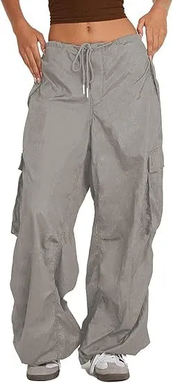 Women Casual Solid Color Loose Pocket Low Waist Drawstring Overalls Pants