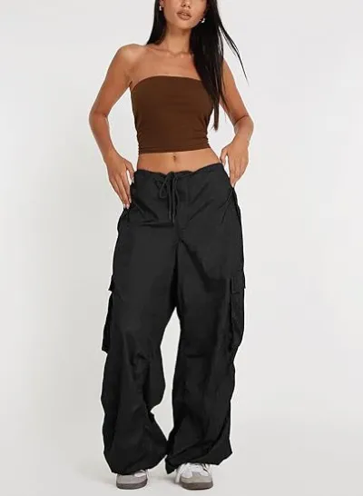 Women Casual Solid Color Loose Pocket Low Waist Drawstring Overalls Pants