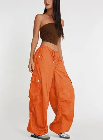Women Casual Solid Color Loose Pocket Low Waist Drawstring Overalls Pants