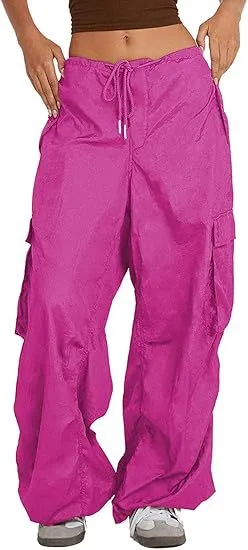Women Casual Solid Color Loose Pocket Low Waist Drawstring Overalls Pants