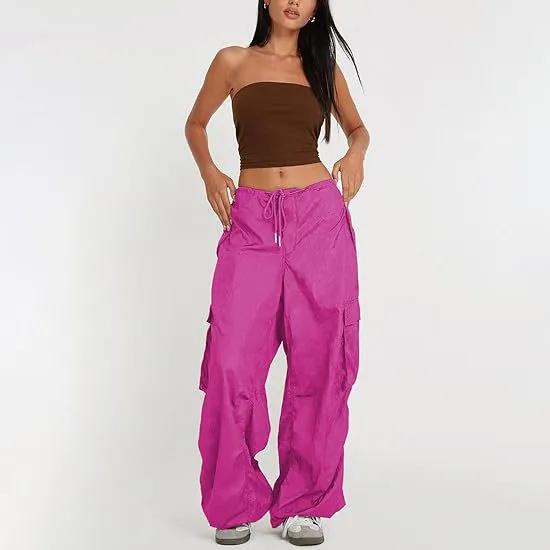 Women Casual Solid Color Loose Pocket Low Waist Drawstring Overalls Pants
