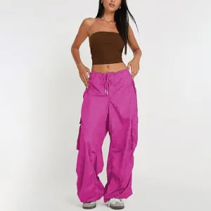Women Casual Solid Color Loose Pocket Low Waist Drawstring Overalls Pants