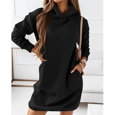 Women Casual Solid Color Long Sleeve Hooded Loose Dress