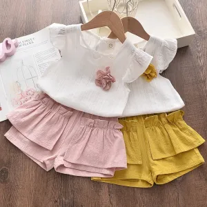 Girl Fashion Casual Flower Decoration Pullover Sleeveless T-Shirt with Pleated Shorts Two-Piece Set