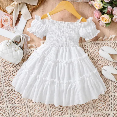 Girl Fashion Solid Color Ruffled Stitching Spaghetti Strap Flower-Sleeve Dress