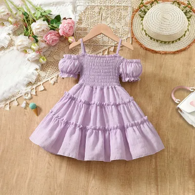 Girl Fashion Solid Color Ruffled Stitching Spaghetti Strap Flower-Sleeve Dress