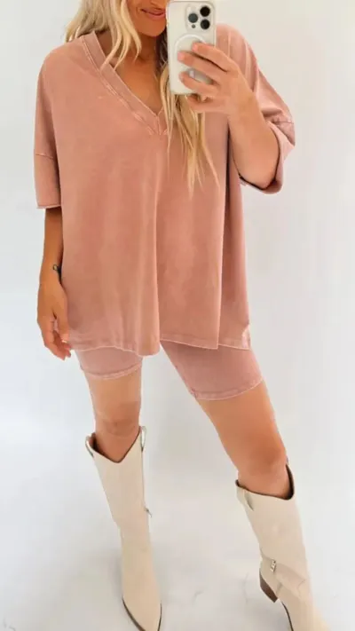 Women Plus Size Casual Solid Color V-Neck Short-Sleeve Loose T-Shirt Tight Shorts Two-Piece Set