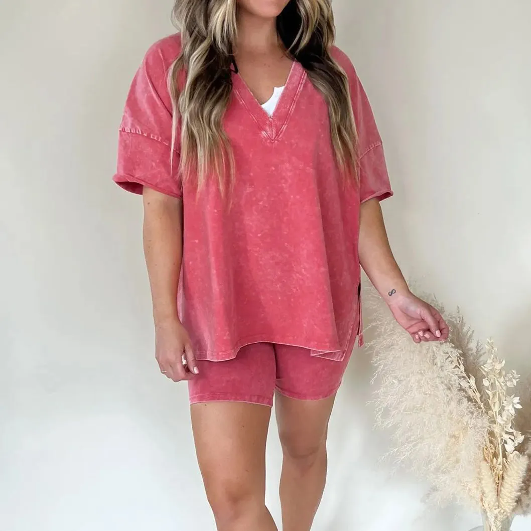 Women Plus Size Casual Solid Color V-Neck Short-Sleeve Loose T-Shirt Tight Shorts Two-Piece Set
