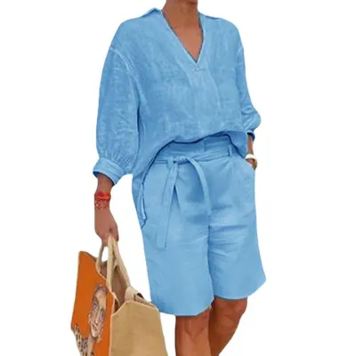 Women Casual Street Hipster Solid Color Cotton Linen Loose V-Neck Long-Sleeve Top Lace-Up Shorts Two-Piece Set