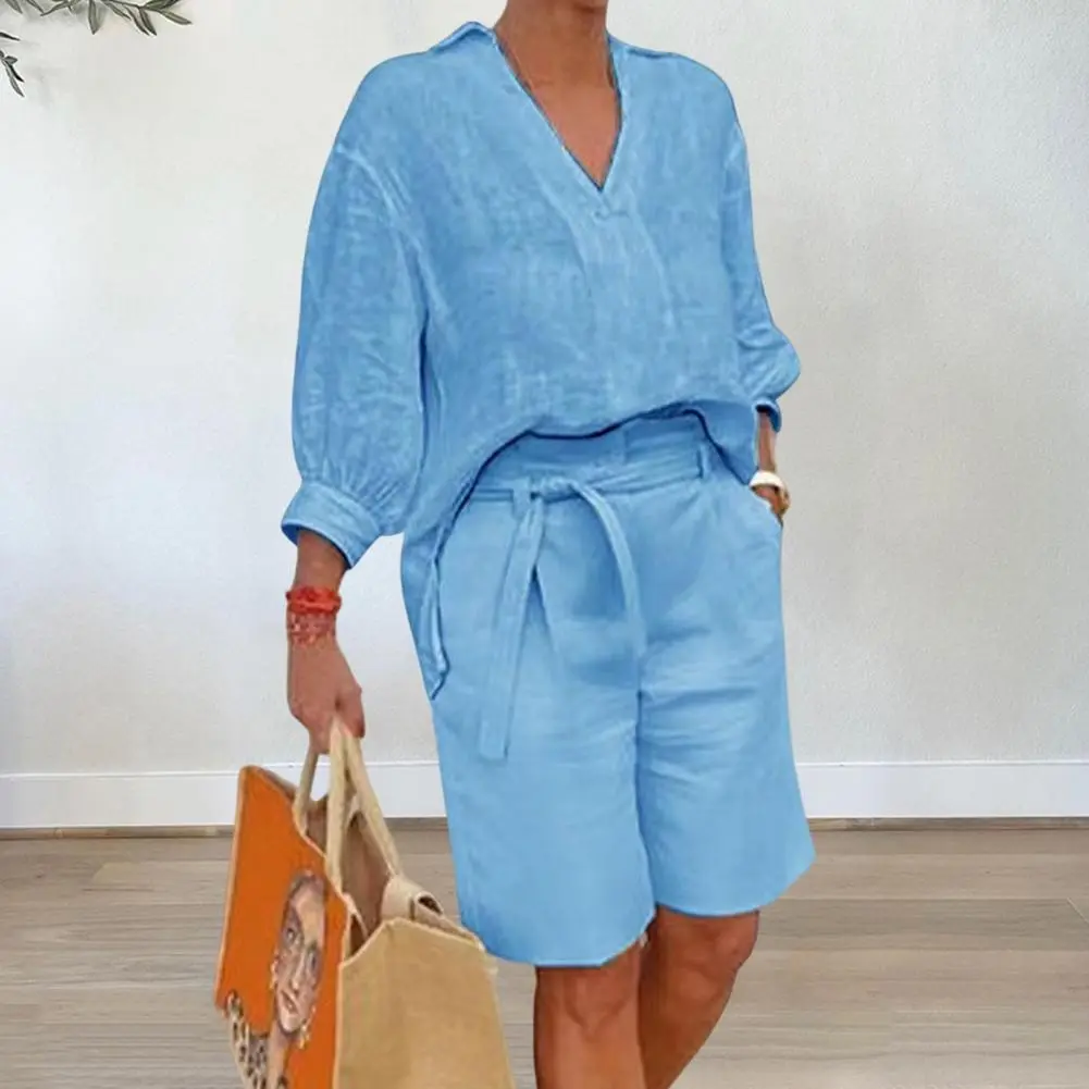 Women Casual Street Hipster Solid Color Cotton Linen Loose V-Neck Long-Sleeve Top Lace-Up Shorts Two-Piece Set